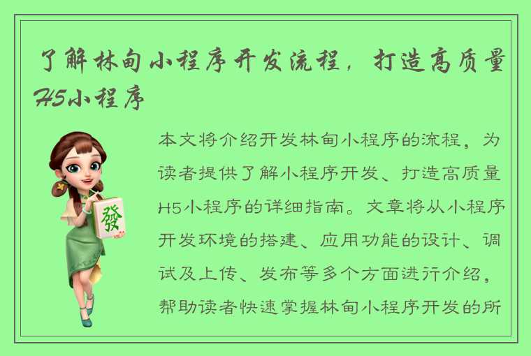 了解林甸小程序开发流程，打造高质量H5小程序
